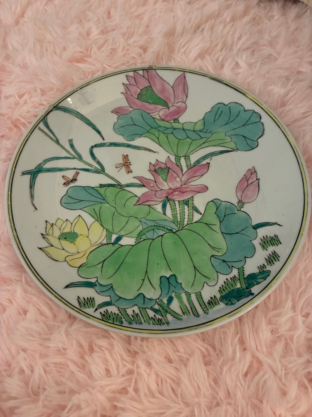 MCM vintage chinoiserie Floral Decorative Plate with Pink and Green Lotus Motif